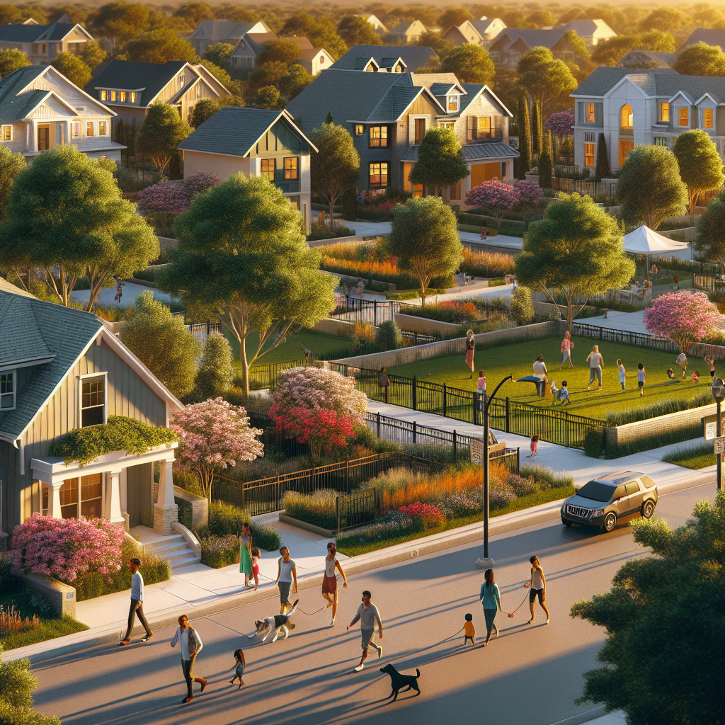 A vibrant Houston neighborhood with modern and traditional homes, parks, and people enjoying outdoor activities.