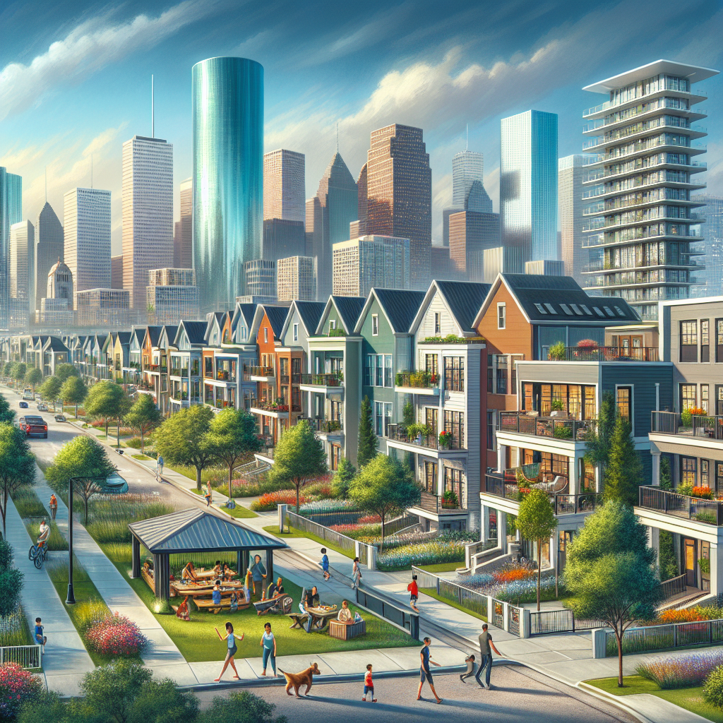 A diverse Houston neighborhood with modern condos and family homes under a bright blue sky.