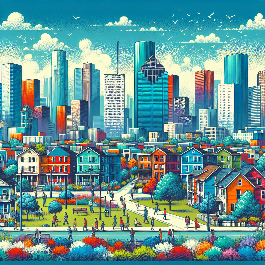 Vibrant Houston skyline with modern architecture and greenery.