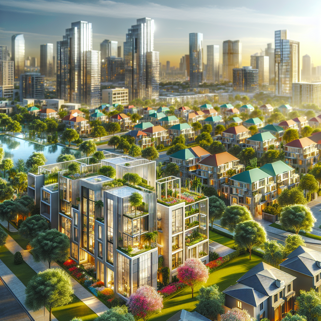 A vibrant Houston cityscape featuring modern condos and suburban homes.