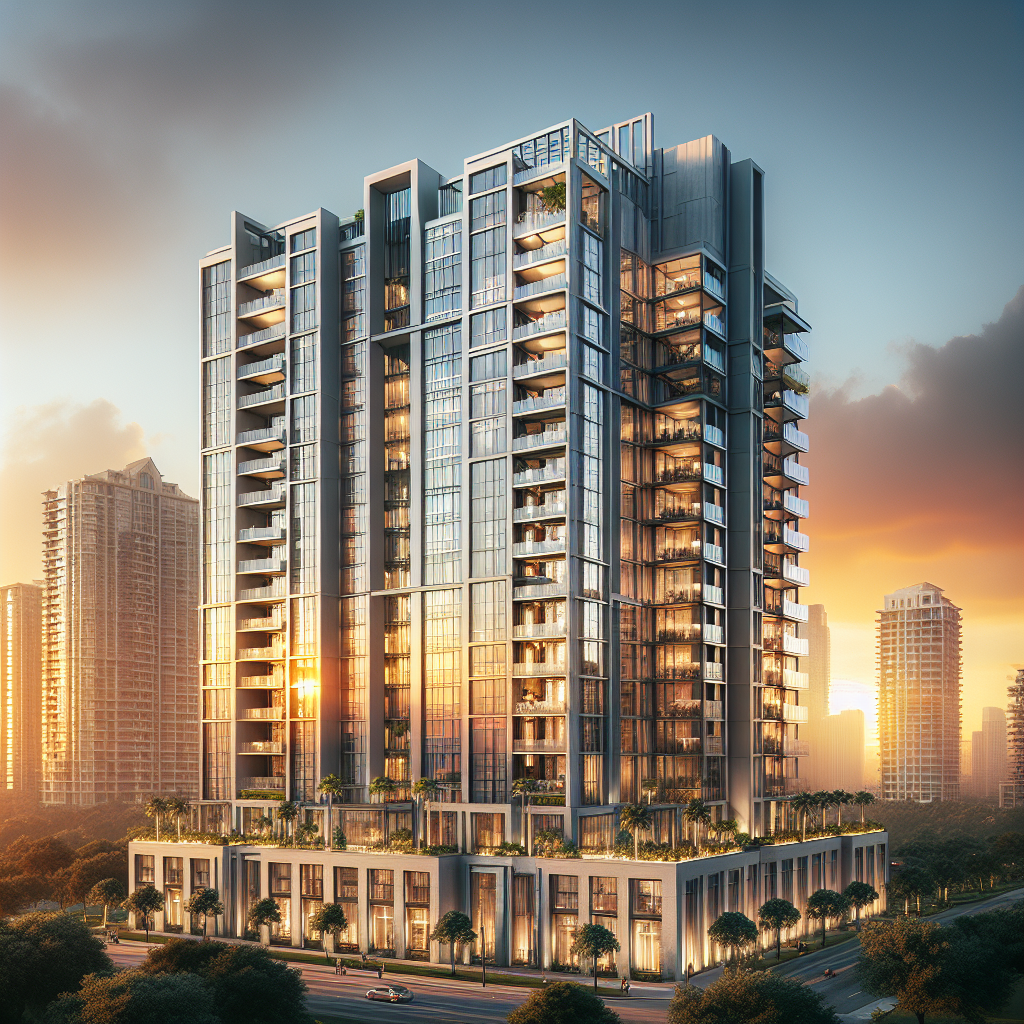A modern luxury condo in Houston at sunset with glass windows and palm trees.