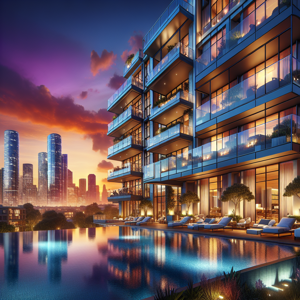 Luxurious condos in Houston with a stunning skyline view at sunset.
