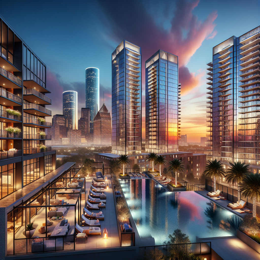 Luxury condos in Houston with a modern skyline and rooftop lounge.