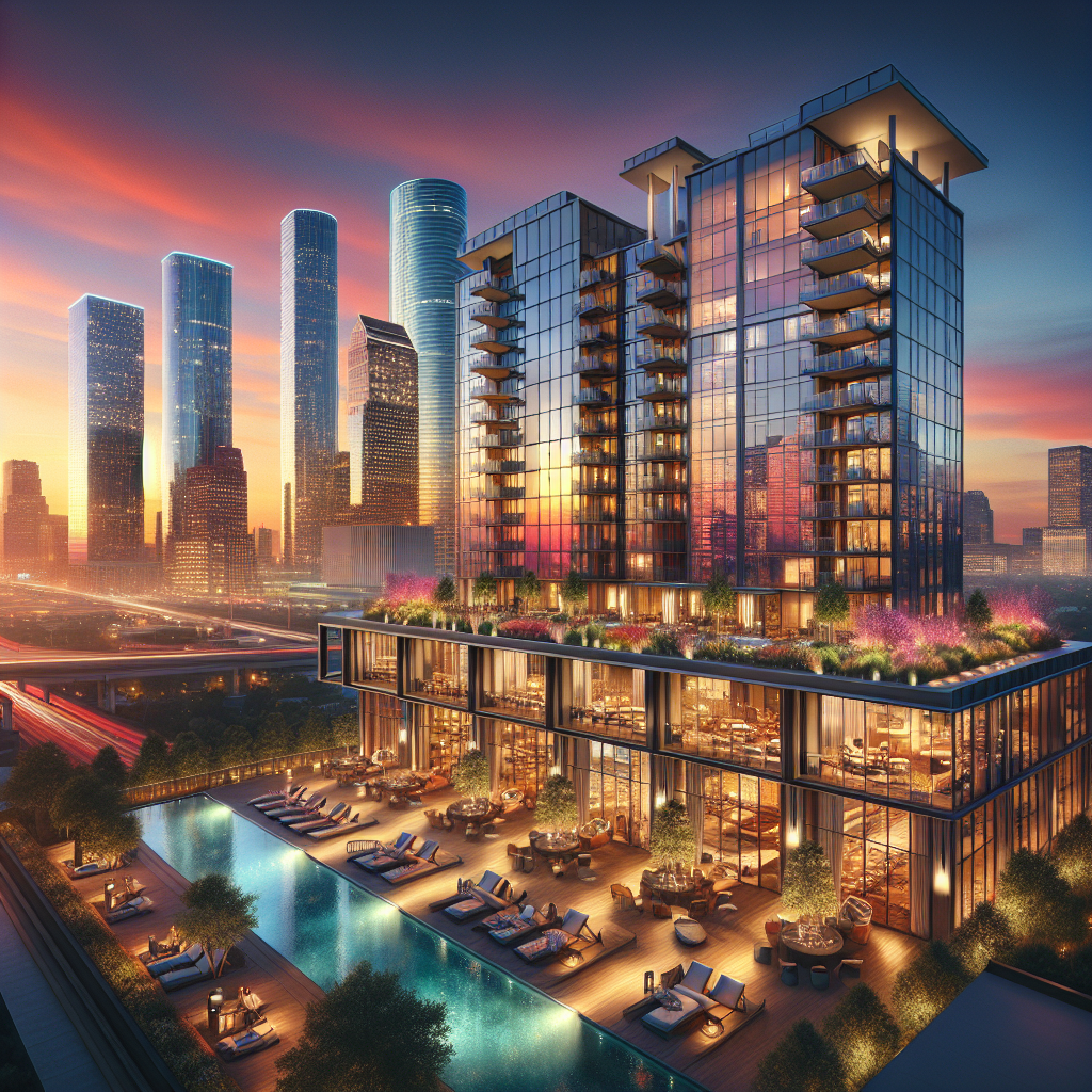 A luxury condo in Houston showcasing a panoramic skyline view at sunset.