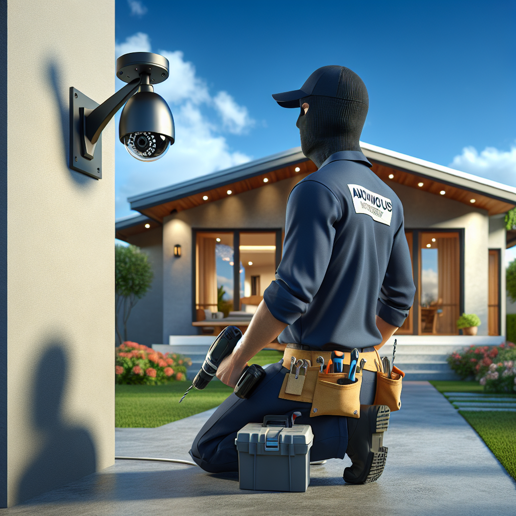 A realistic image displaying a Best Buy technician installing a black, dome-shaped security camera on the exterior wall of a home.