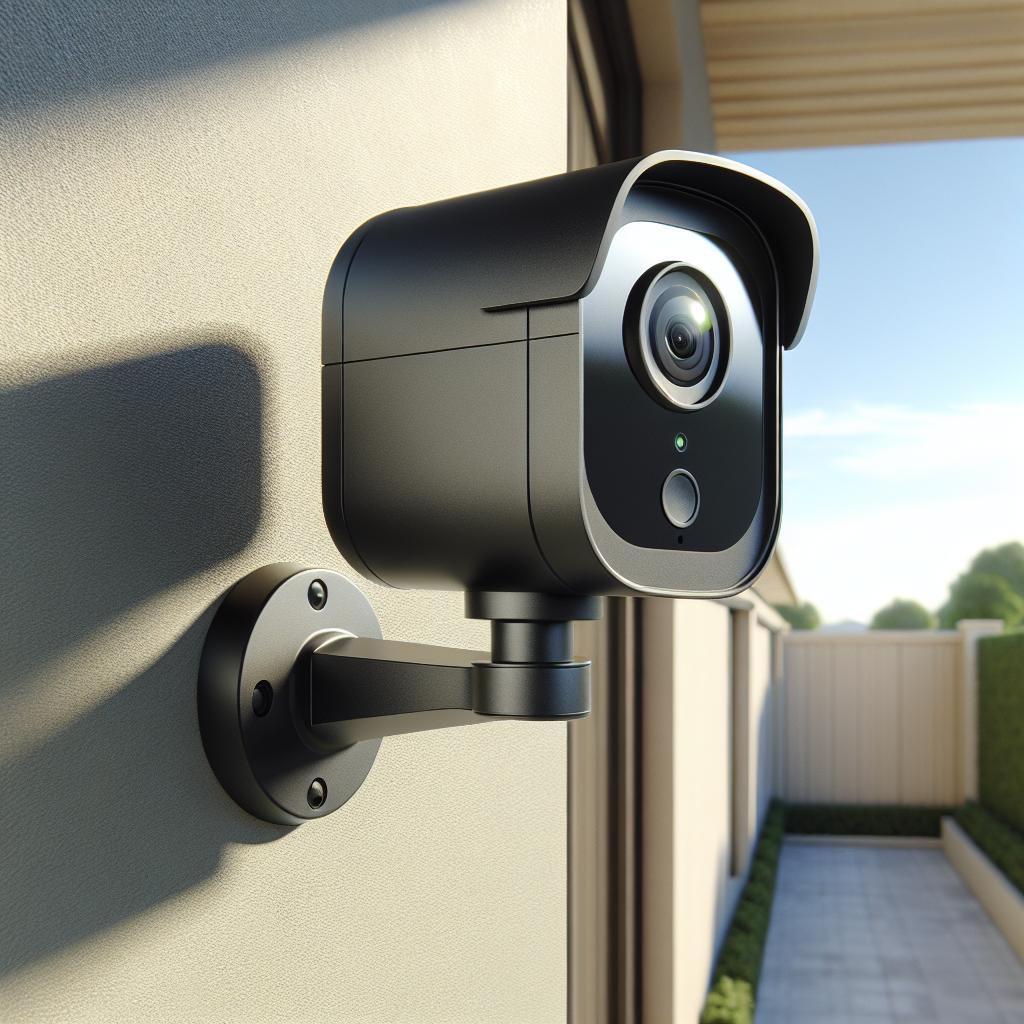 A modern black outdoor security camera installed on a house's exterior wall with a clear sky and a hint of green vegetation.