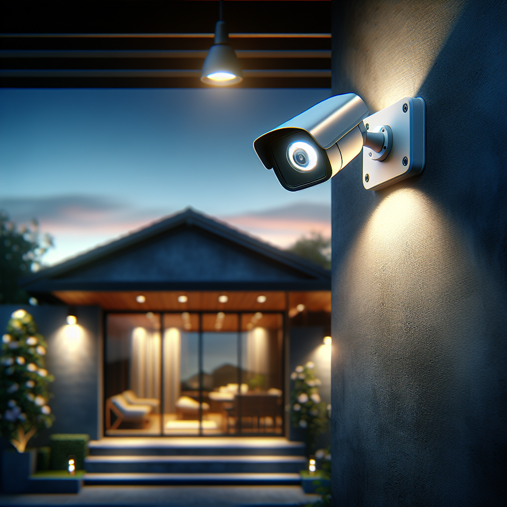 Modern home exterior at dusk with Best Buy security camera installed.