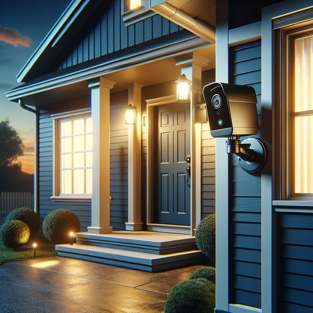 A modern home exterior in the early evening with a sleek, compact black security camera installed near the front door, highlighting the seamless integration of security technology in a safe, suburban setting.