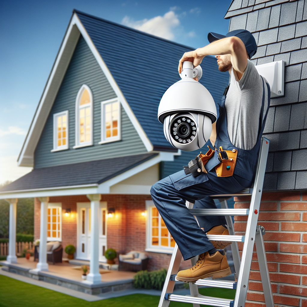 A technician in uniform installing a white security camera on the exterior wall of a two-story suburban house.