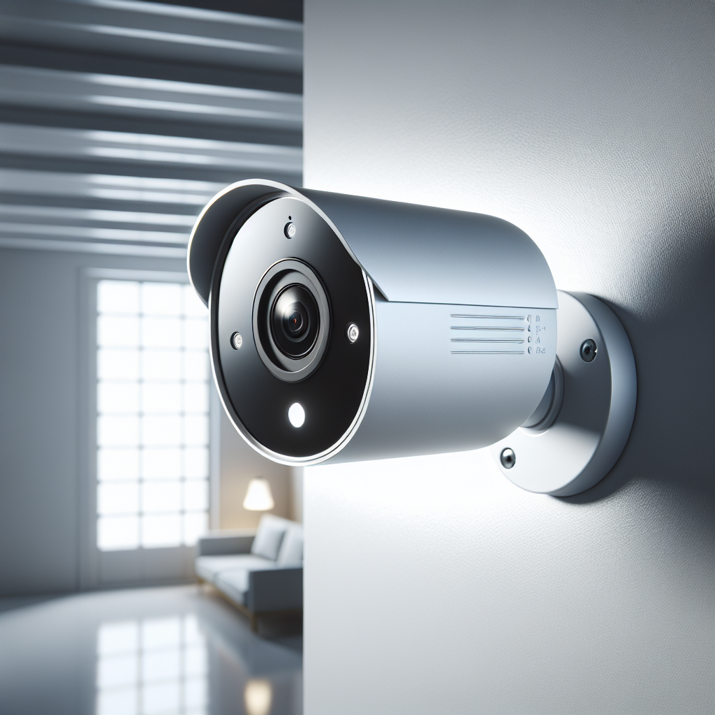 Realistic image of a home security camera mounted on a white wall with soft lighting and shadow, indicating active surveillance.