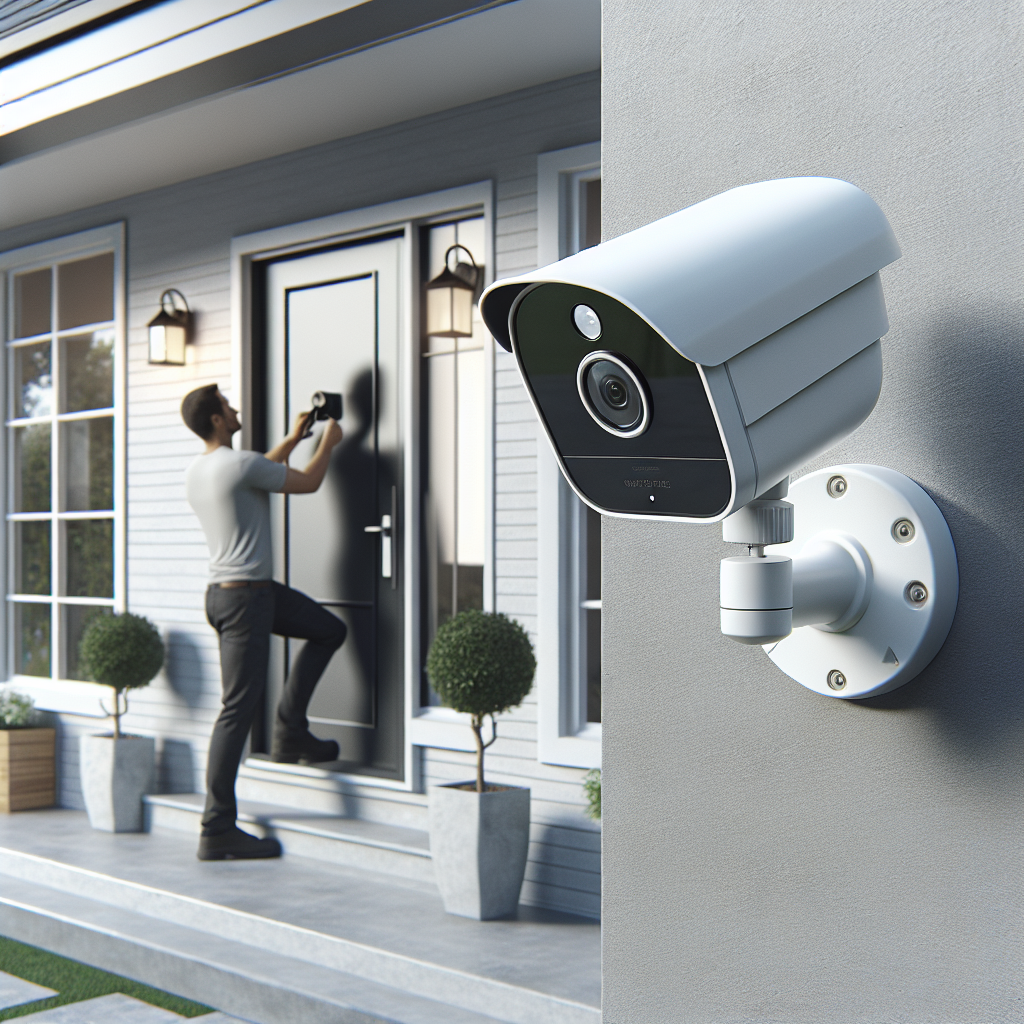 A contemporary white home security camera being installed on the wall near a house's front door, with a reflection of a person's silhouette on the camera surface.