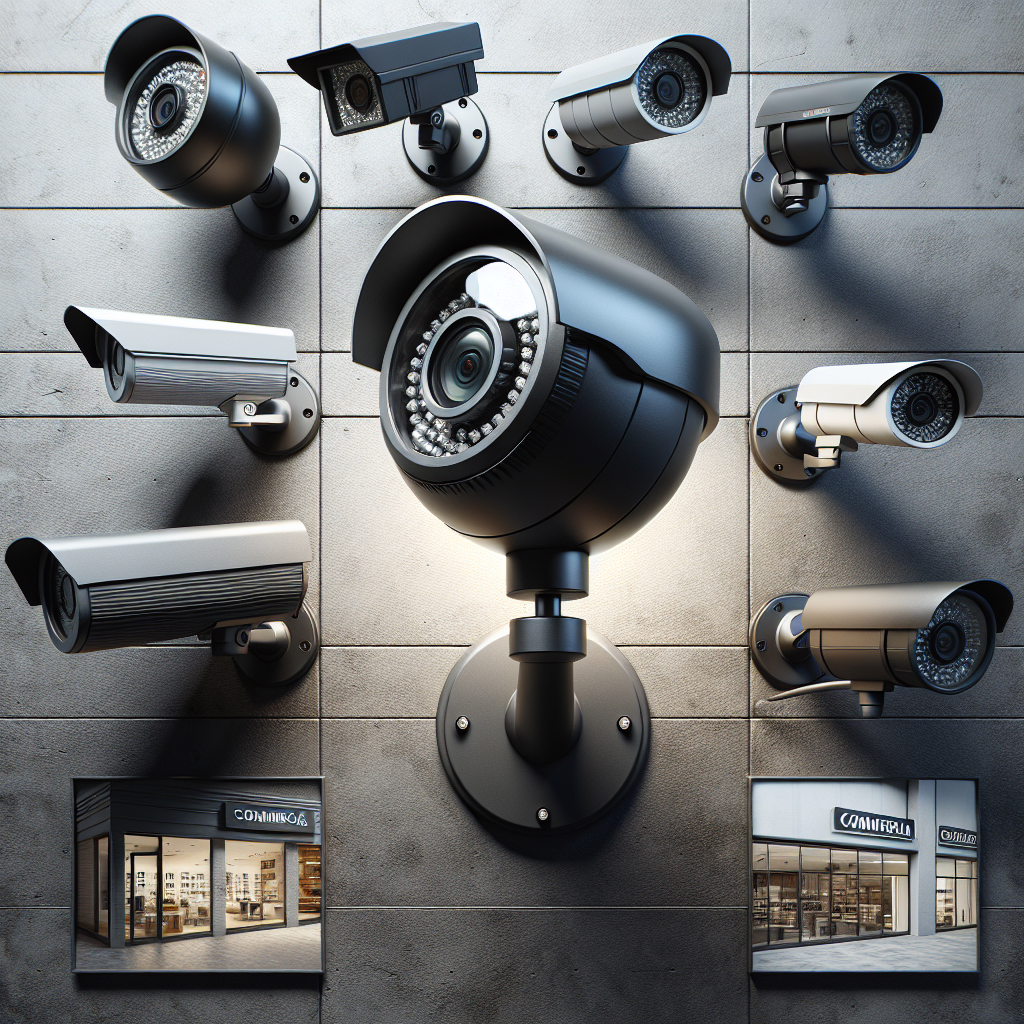 A selection of commercial security cameras of different types installed on the walls of business establishments.