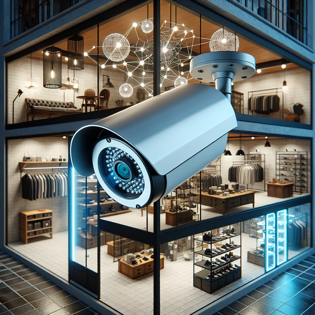 A variety of modern, sleek commercial security cameras installed in different business settings, including a boutique, a corporate office, and a warehouse.