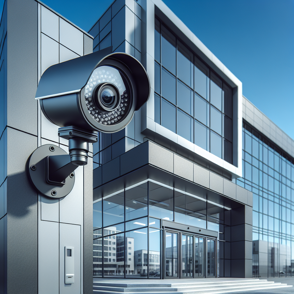 A modern commercial building's exterior with a mounted high-definition security camera in a realistic daytime setting.