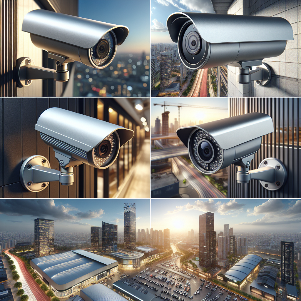 Multiple commercial security cameras installed in different business environments, including a boutique, corporate campus, and warehouse, showcasing their modern and advanced designs suitable for surveillance purposes.