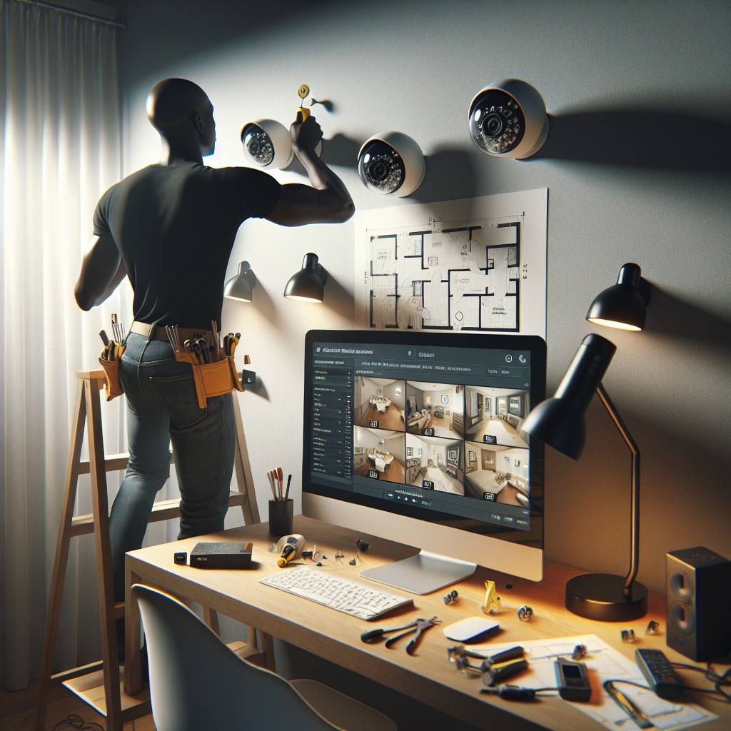 Realistic illustration of a home office with a desk, computer monitor showing security camera feeds, and a figure installing a security camera on the ceiling.