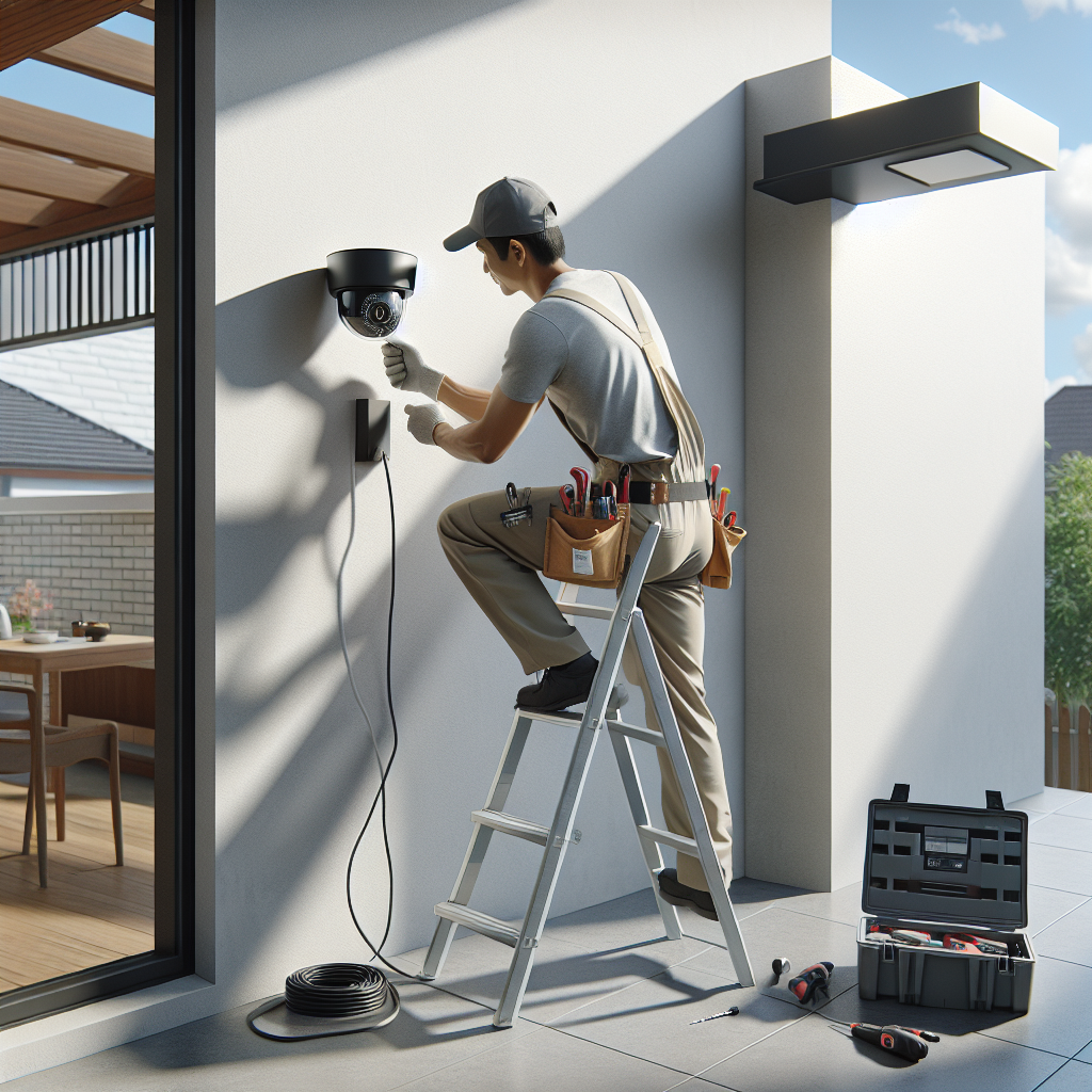 Realistic scene of a security camera installation process with an installer mounting a dome camera to an exterior wall.