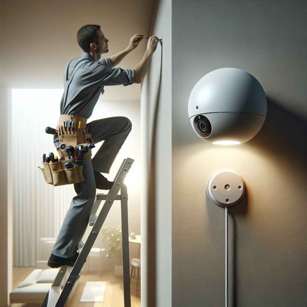 An installer mounting a white, wireless security camera on the upper corner of a room's wall, with a ladder and tool belt with installation tools.