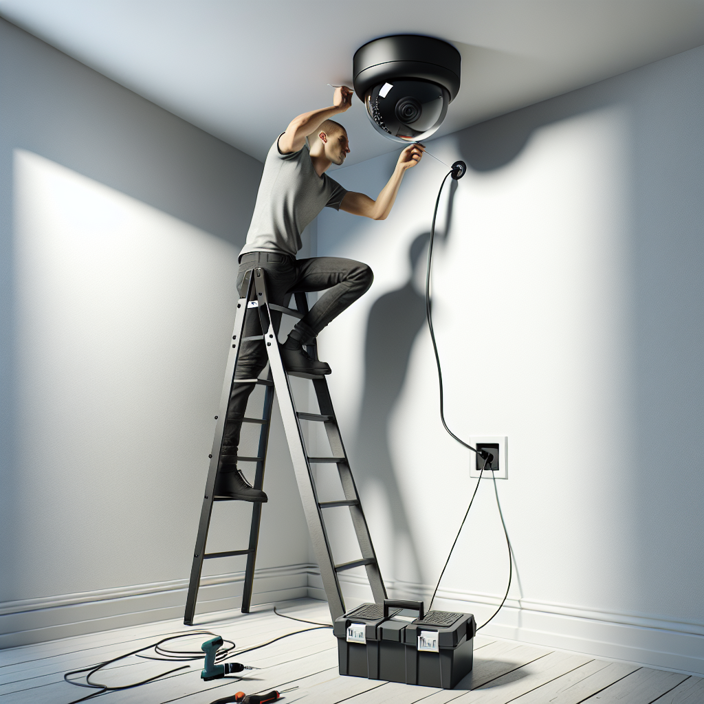 An image depicting the installation of a modern black dome-shaped security camera on a ceiling by a person on a ladder with a toolbox nearby.