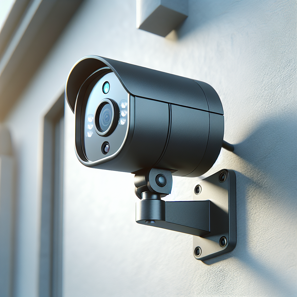 Modern, sleek home security camera mounted on a house wall, with a subtle blue LED light indicating its operation.