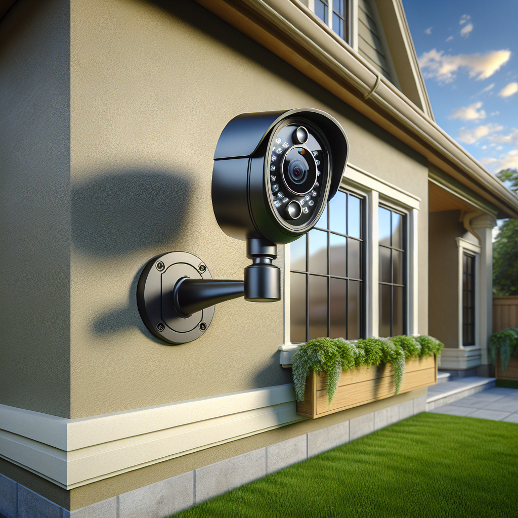 Modern black home security camera mounted on an exterior house wall, with visible infrared lights and a motion sensor near a window, overlooking a front yard in daylight.