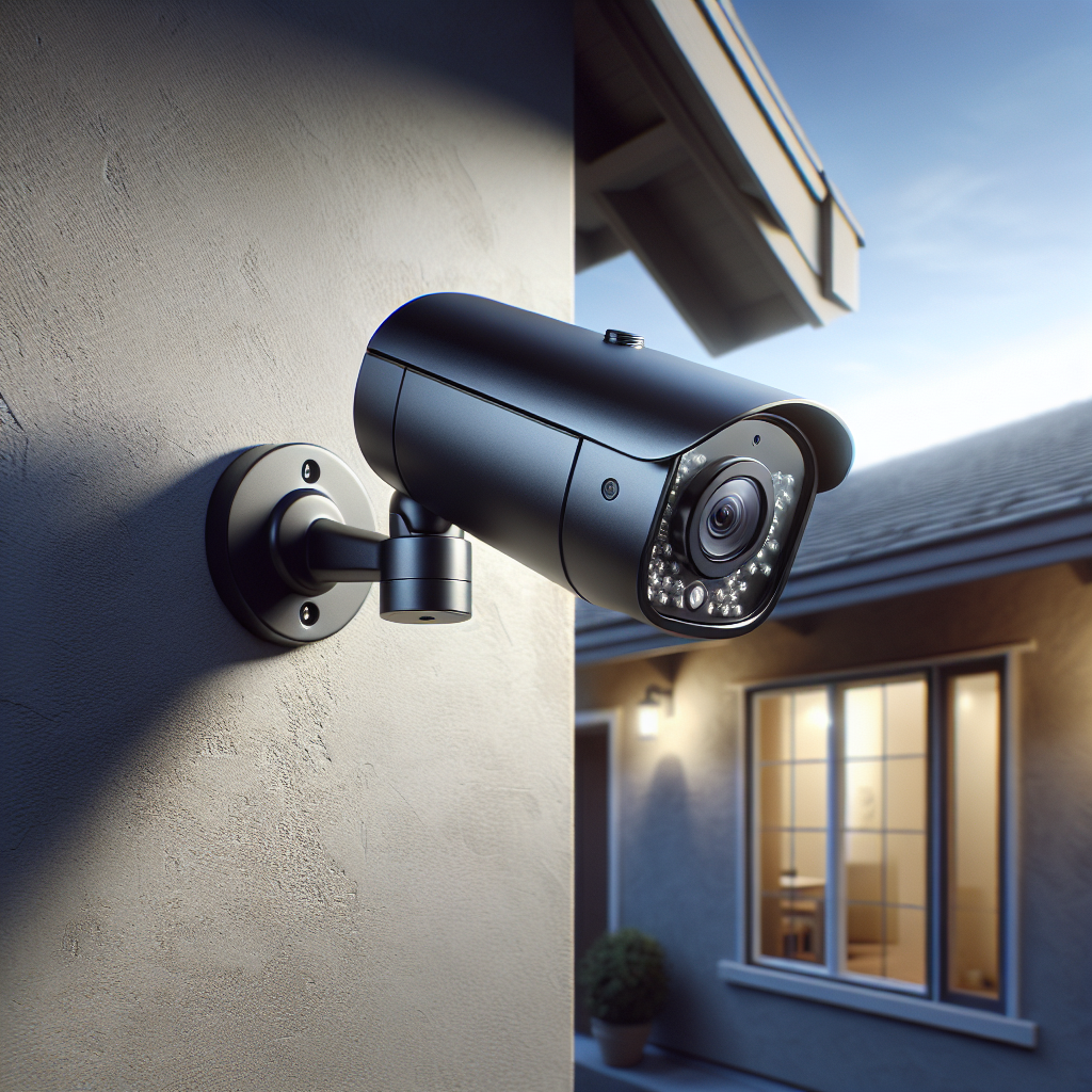 A modern, matte black home security camera mounted on the exterior wall of a house.