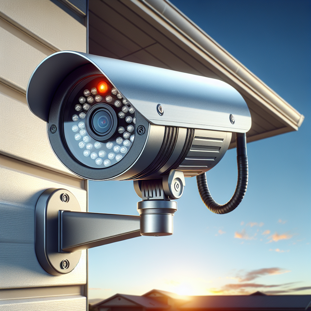 Hyper-realistic image of a modern, metallic-finish security camera mounted on an outdoor wall, with a clear blue sky in the background and a red recording light.