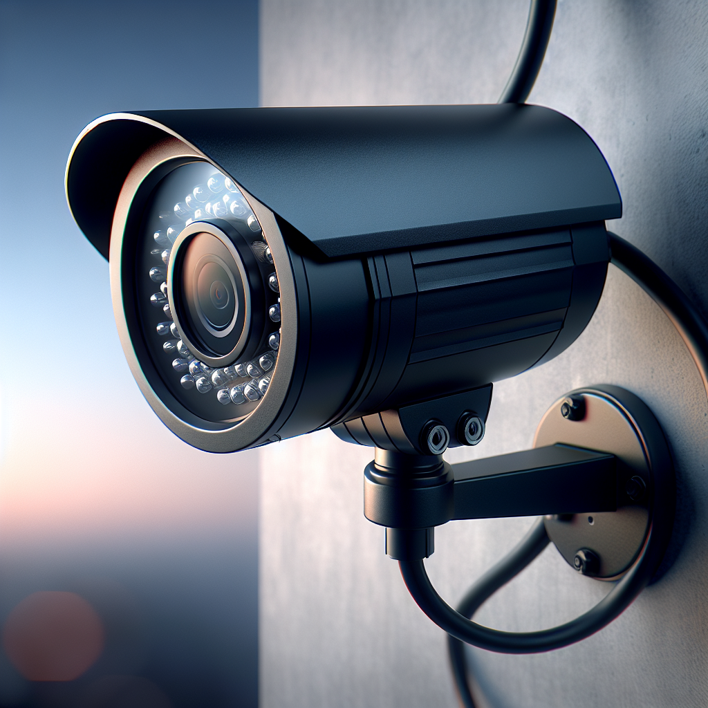 A realistic close-up of a modern black wired security camera with infrared night vision lights on a wall during dusk