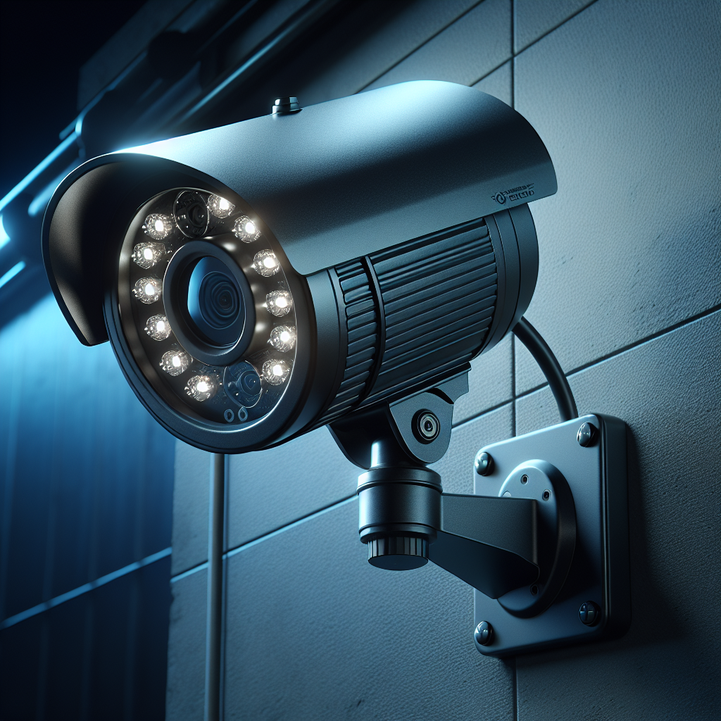 A realistic night-time image of a modern, high-resolution wired security camera system with night vision capability, mounted on a wall and operating in the dark with ambient blue lighting.