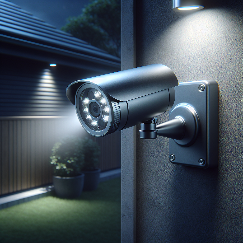 A modern wired security camera with glowing night vision on a dark house wall at night, surveilling a yard.