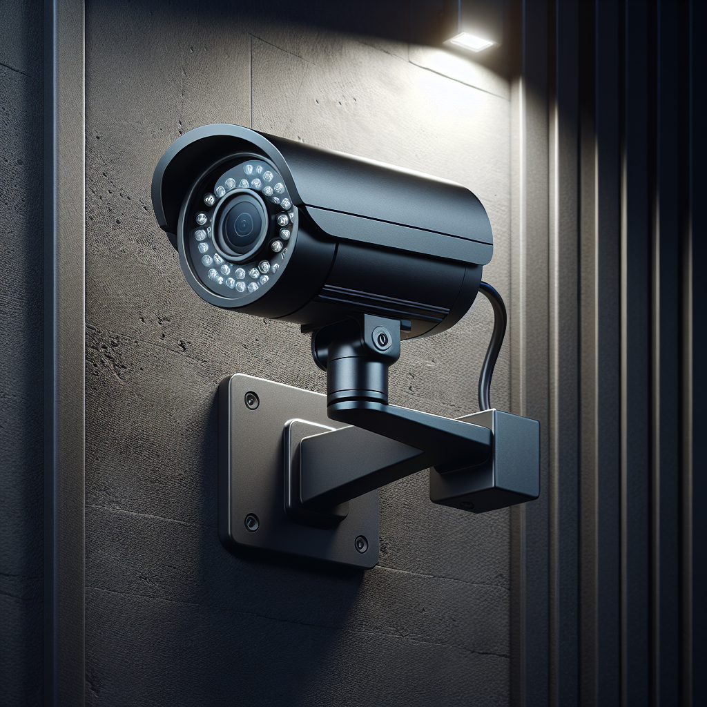 A modern wired security camera with night vision mounted on a dark gray textured wall of a house during the night, representing residential surveillance.