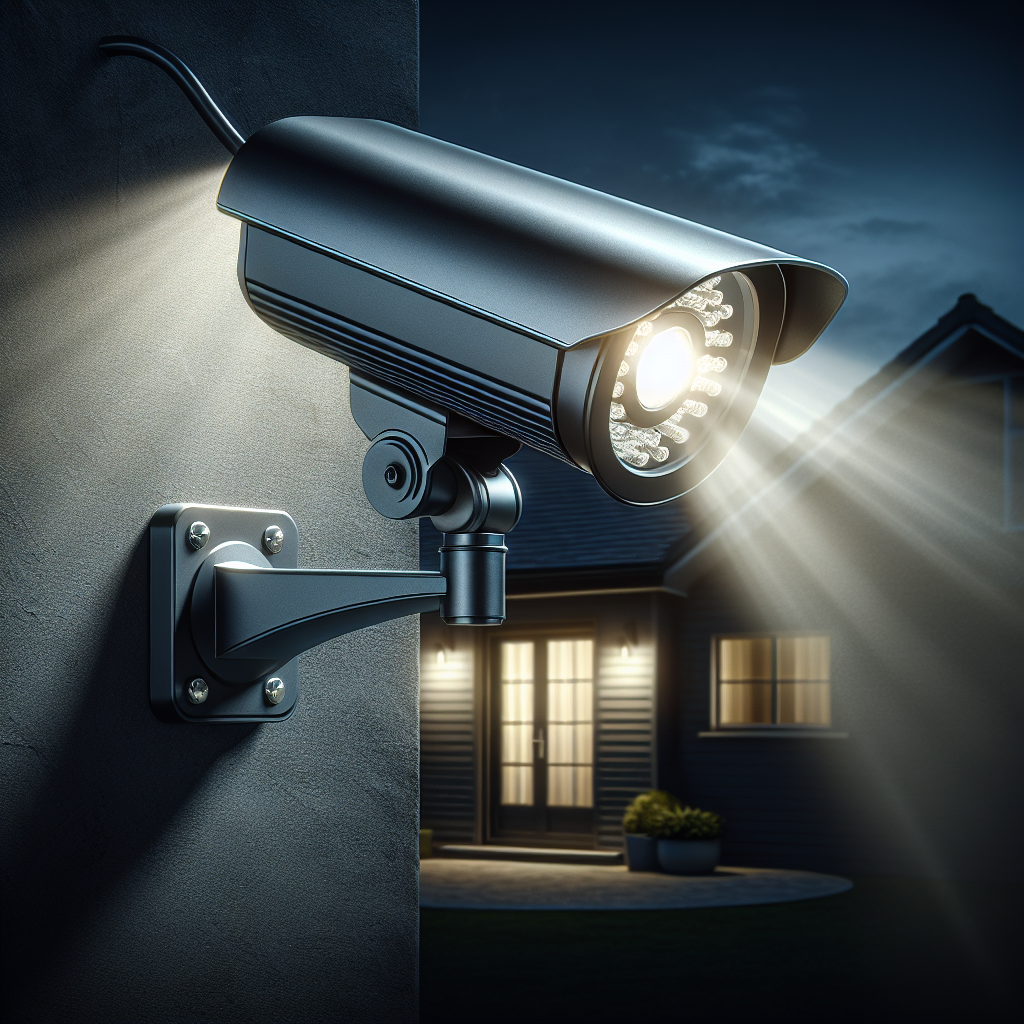 Modern, top-of-the-line security camera spotlight mounted on a house exterior, shining brightly in the evening.