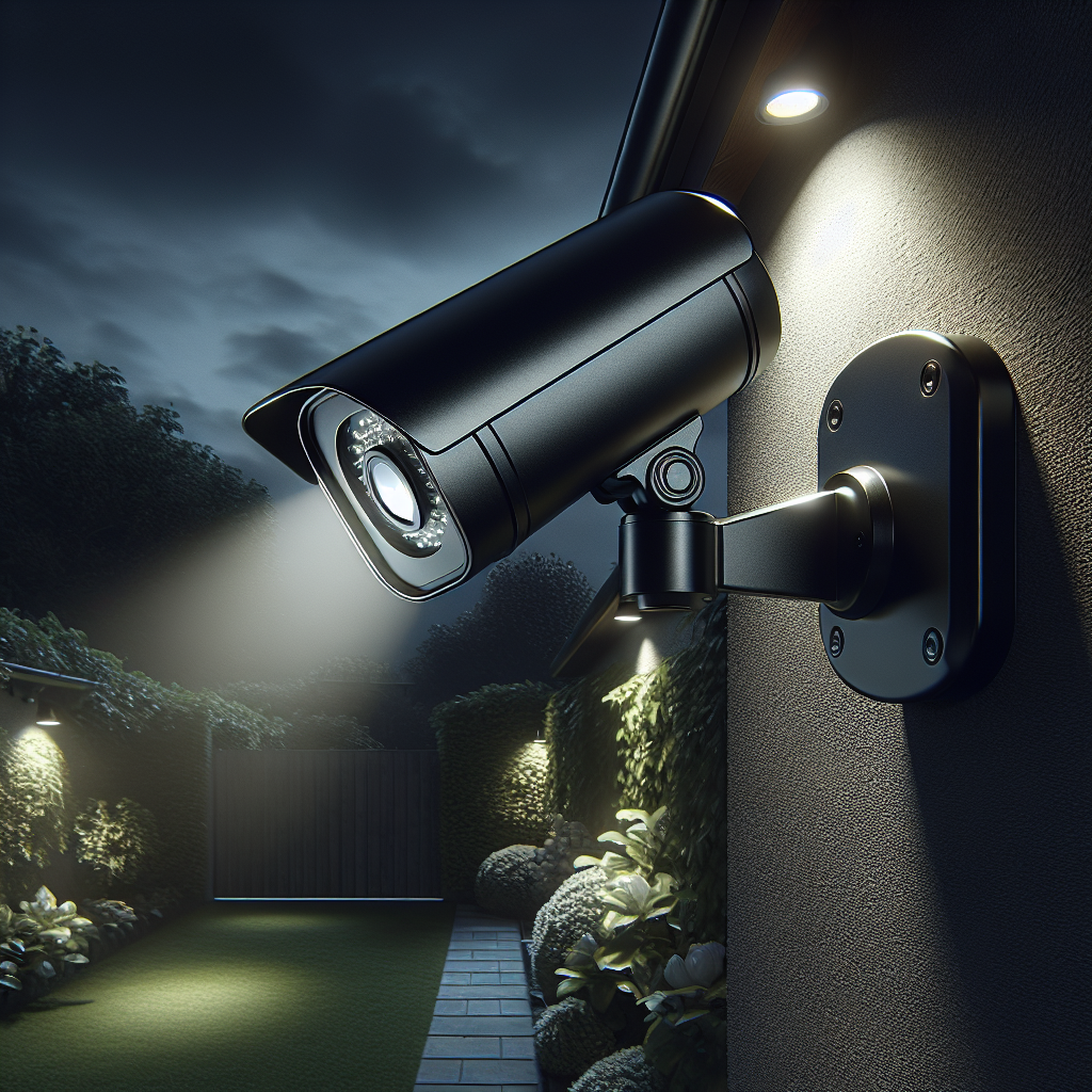 Modern black security camera spotlight on a house exterior wall lighting up a garden pathway and bushes in the evening.