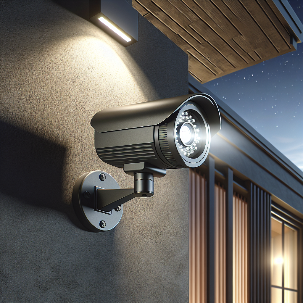 Modern home security camera spotlight mounted on an exterior wall, illuminating the surroundings, with an evening sky.