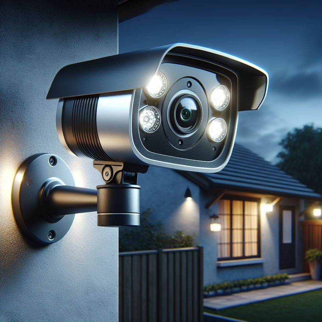 Outdoor security camera with spotlights mounted on a house wall at dusk.