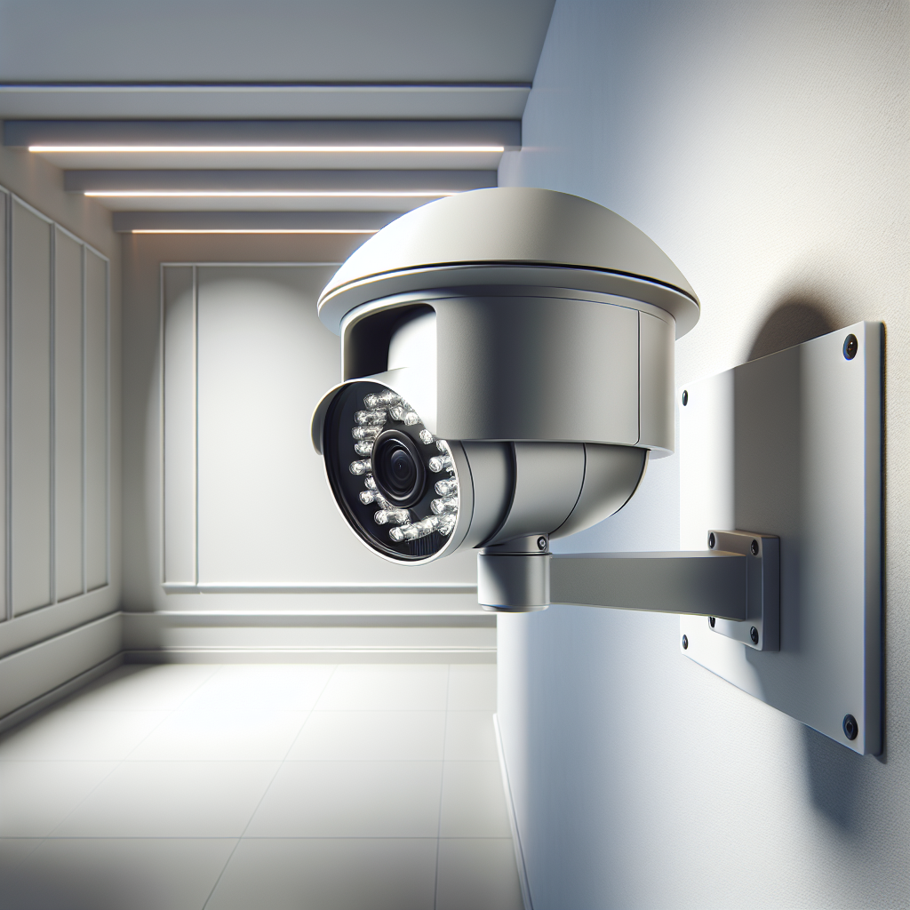 A realistic and detailed image of a modern dome-type security camera system mounted on a white wall in a professional setting.