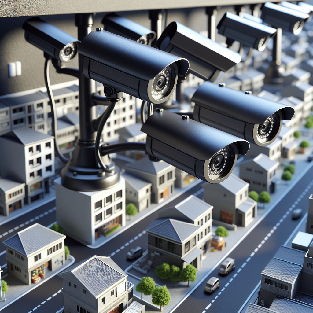 A realistic setup showing modern security cameras monitoring a model residential and business area.