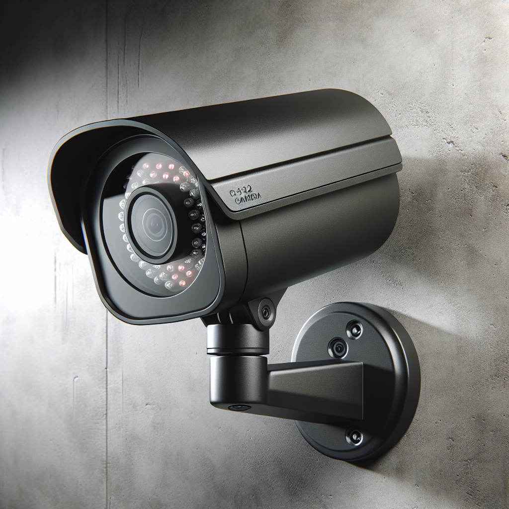 Modern black security camera mounted on a concrete wall with red LED lights indicating recording, set in a well-lit commercial area.