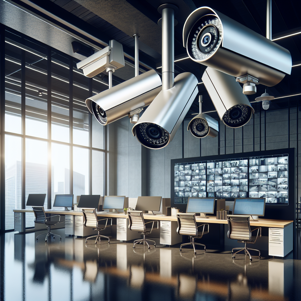 An advanced security camera setup in the corner of a modern business office, with no faces or text.