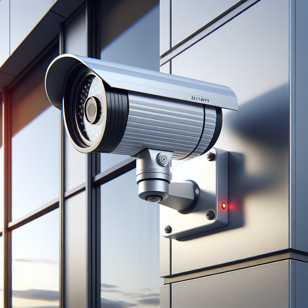 A modern high-definition security camera installed on an exterior wall of a building, overlooking the entrance at dusk, conveying a sense of professional surveillance and security.