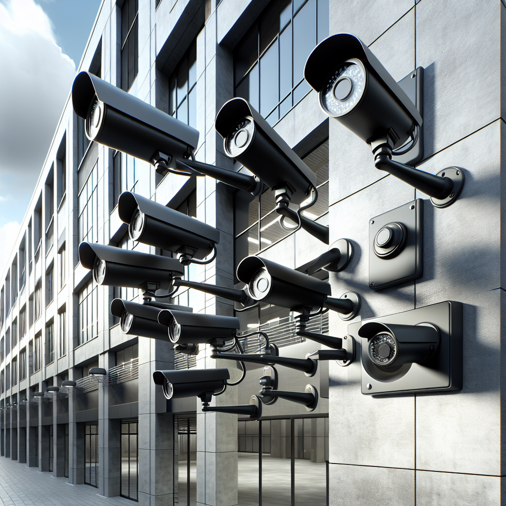 An array of modern security cameras installed around a commercial building.