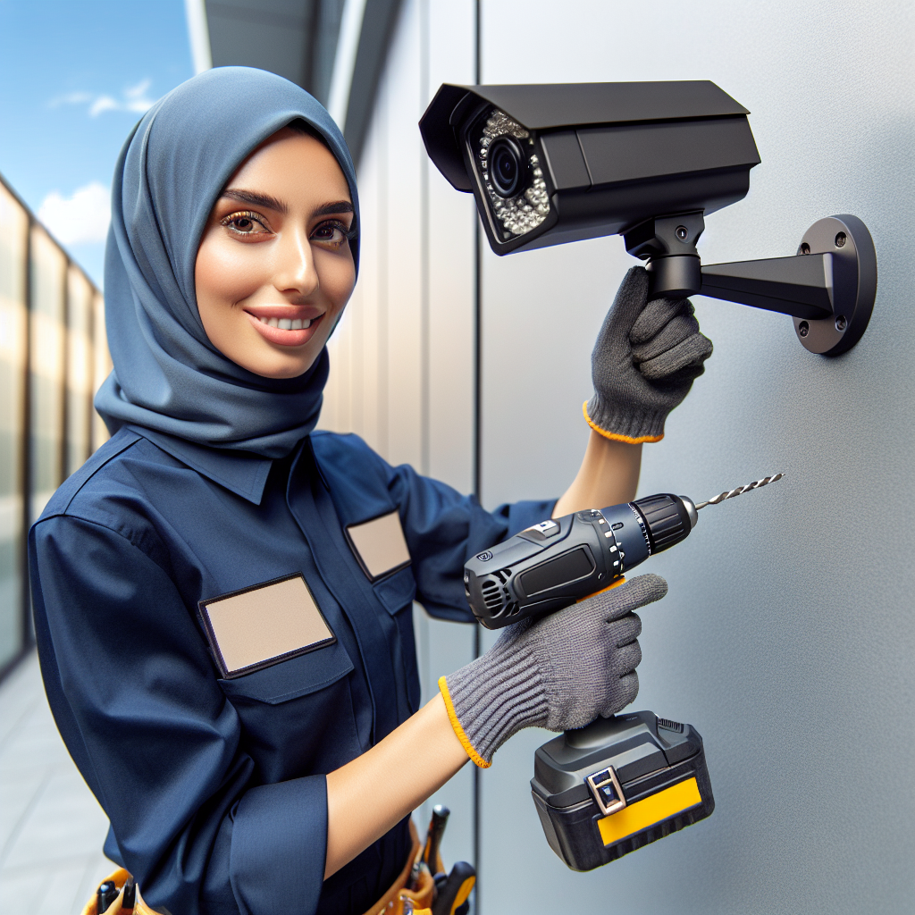 A professional security camera installation expert preparing to mount a modern security camera on an exterior building wall.