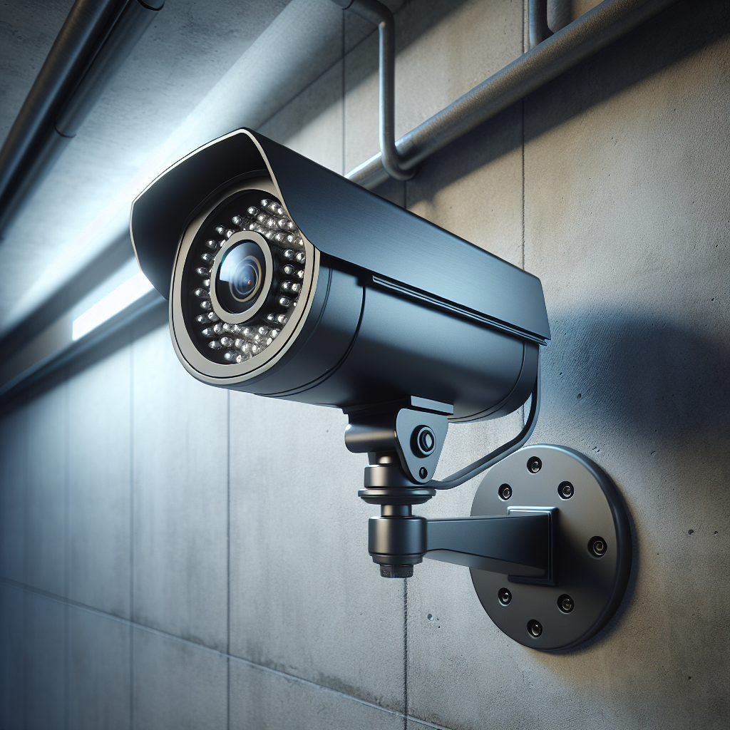 A modern, high-definition security camera mounted on a light grey concrete wall in an urban setting during dusk.