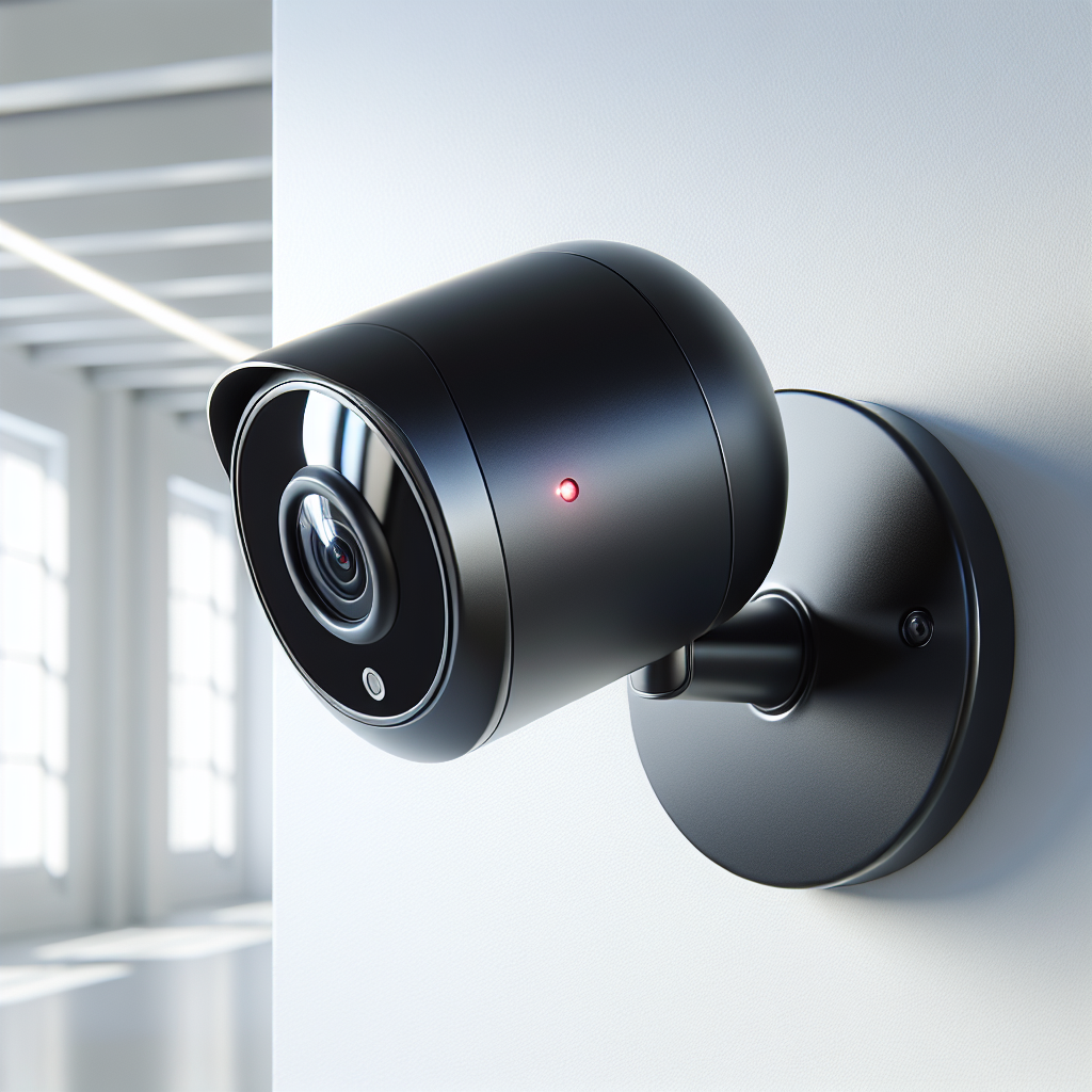 A modern smart security camera mounted on a white wall with a red recording light.