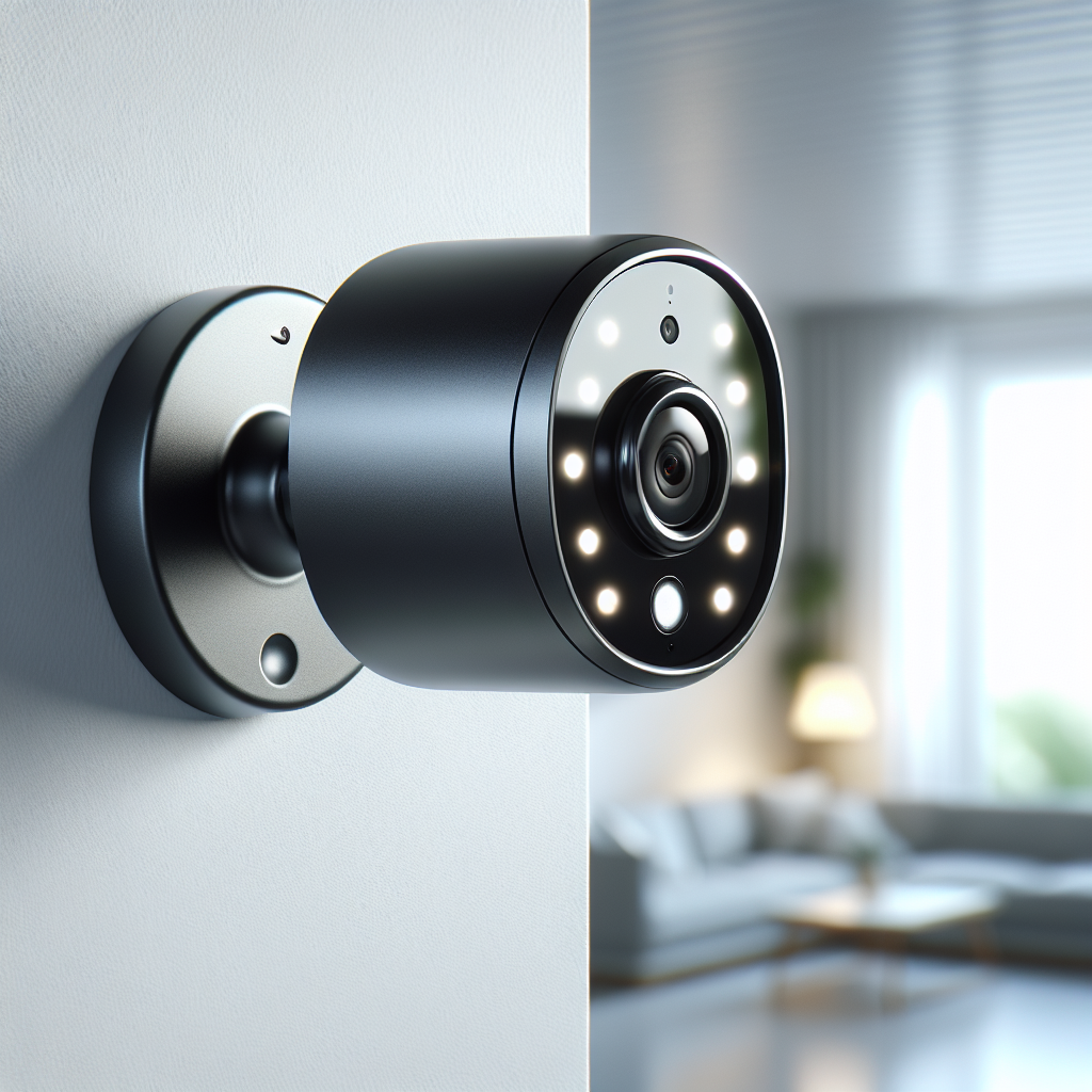 Modern smart security camera mounted on a white wall in a smart home environment, with no text or identifiable features.