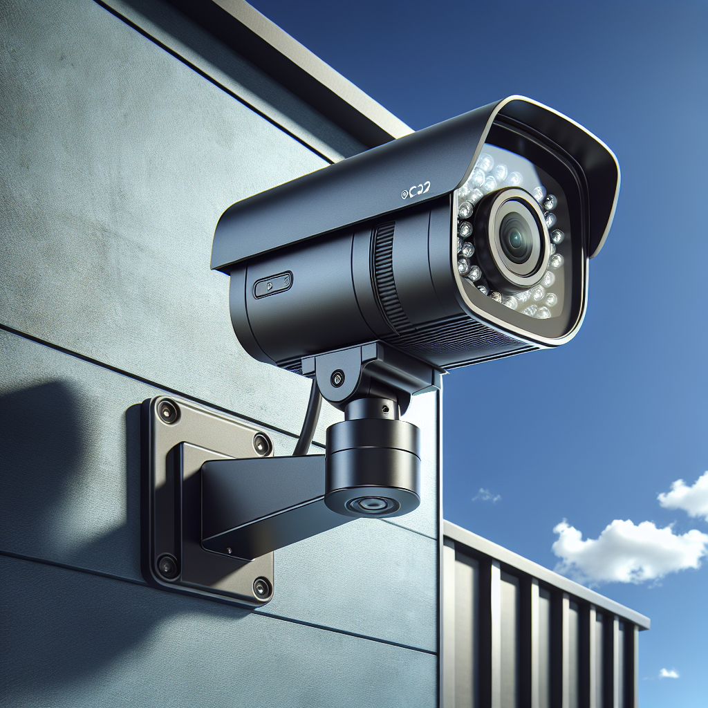 A sleek black smart security camera on a modern home's exterior wall under a clear blue sky.