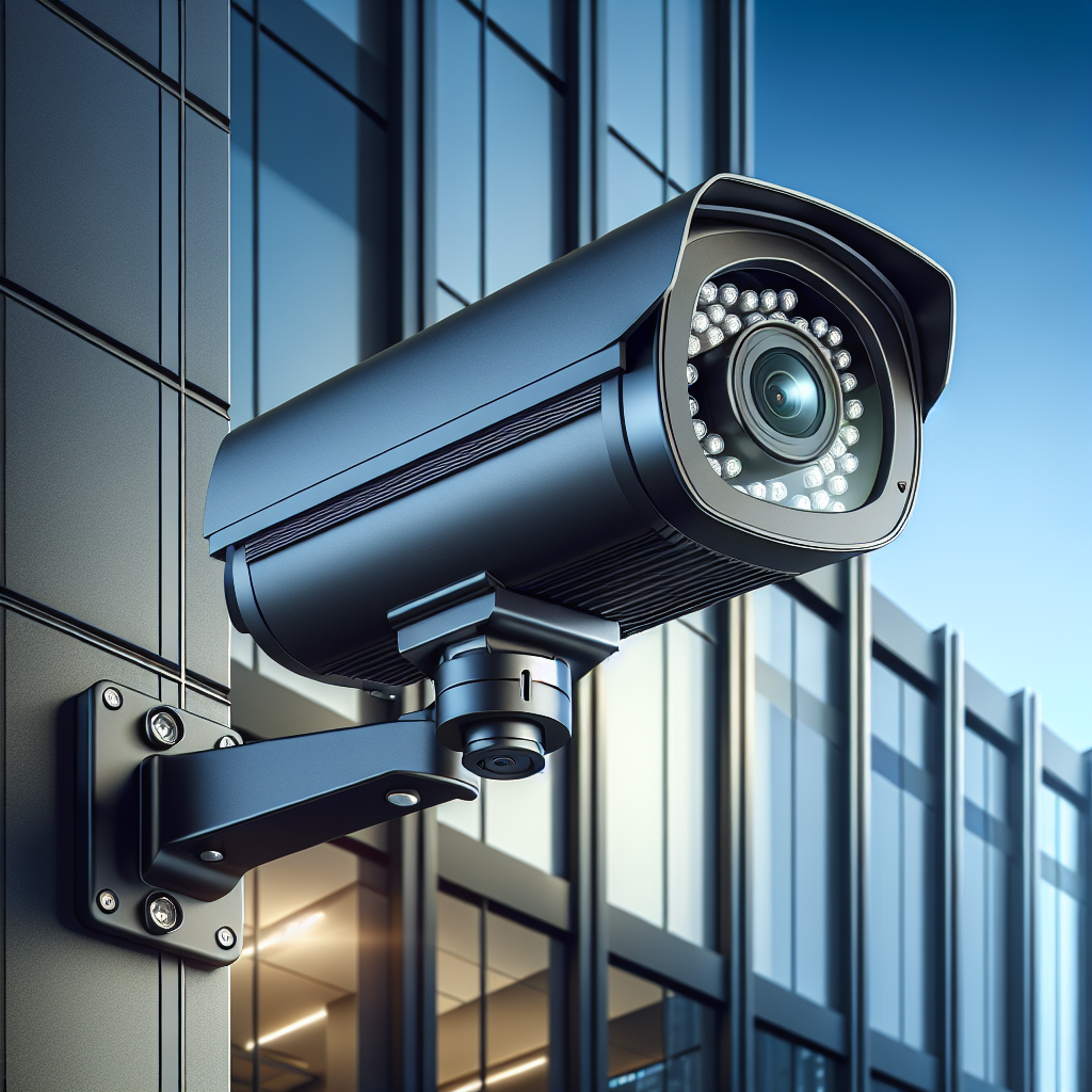 A modern, sleek black security camera on an articulated mount, overseeing a building's entrance, under a clear sky without any text or faces.