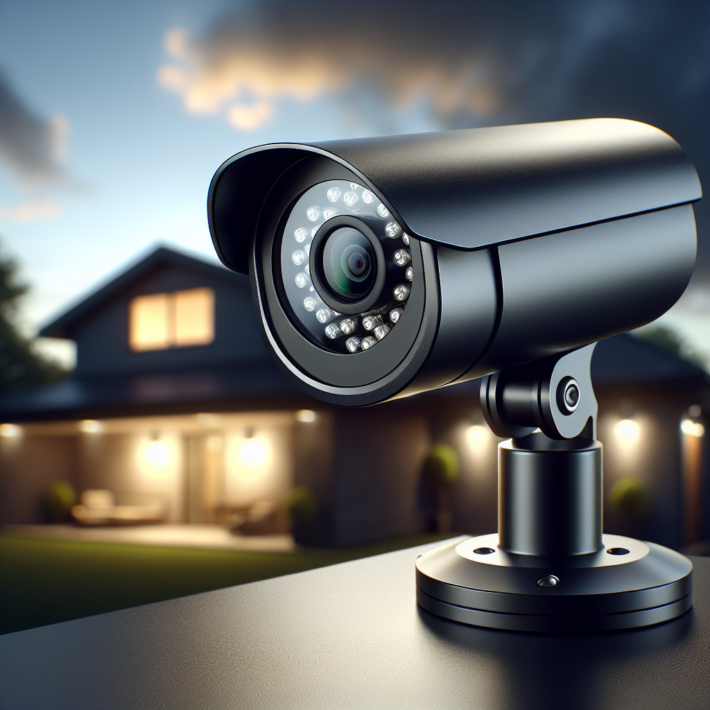 A sleek, matte black premium security camera with advanced features, positioned against a blurred background of a modern home with soft lighting and a clear sky.