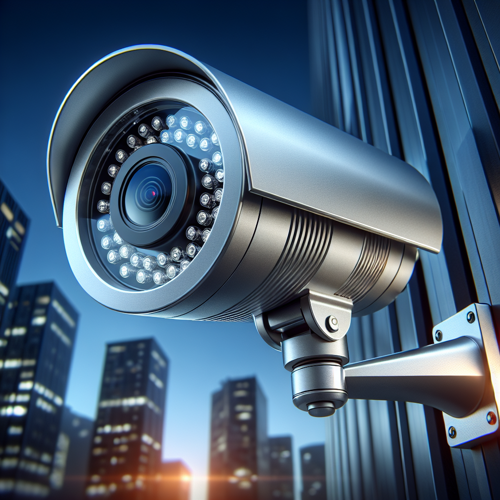 Sophisticated metallic security camera on a modern building, with night-vision infrared lights, overlooking a wide area with a twilight sky in the background.