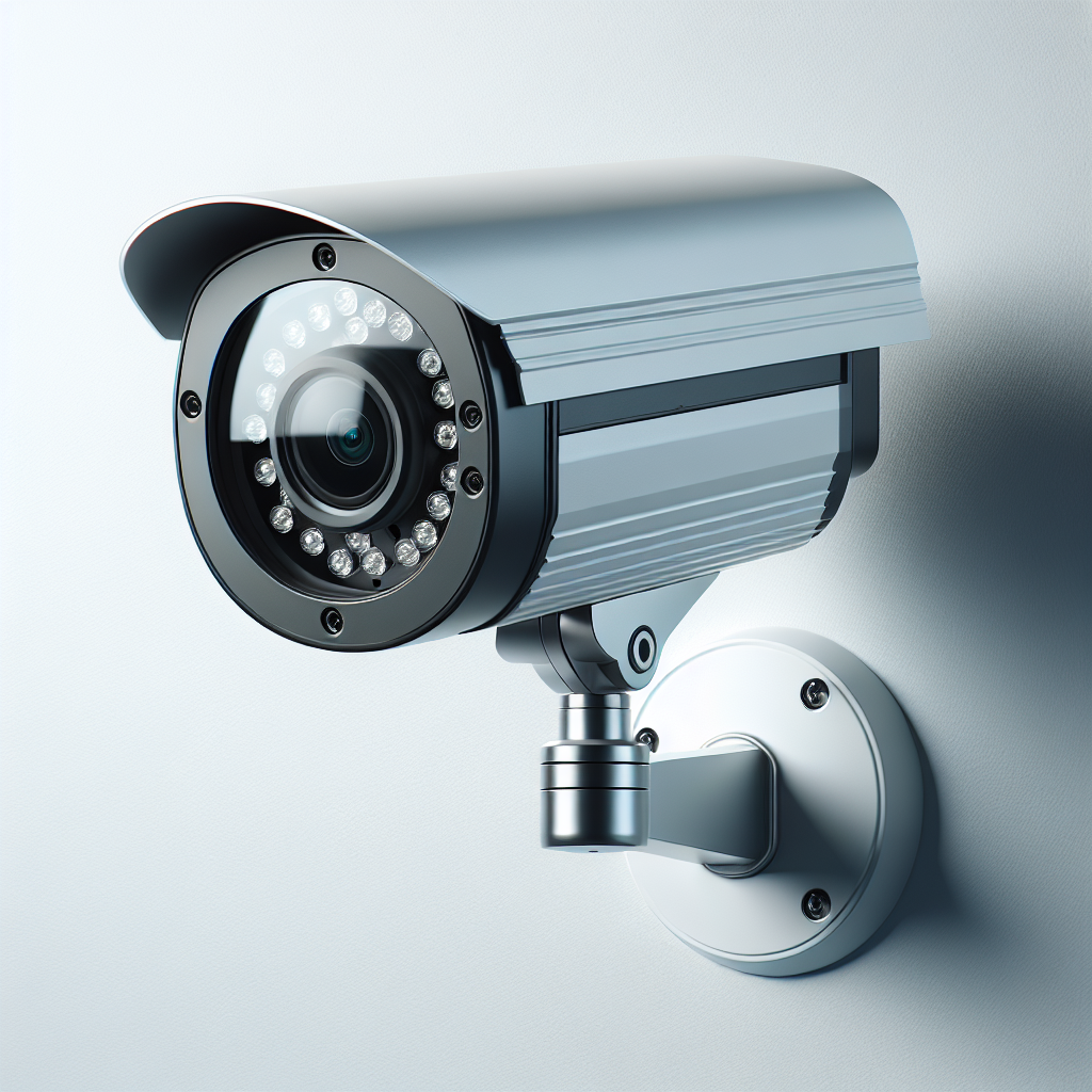 A high-end modern security camera with a metallic finish, mounted on a white wall, displaying advanced technology and design.